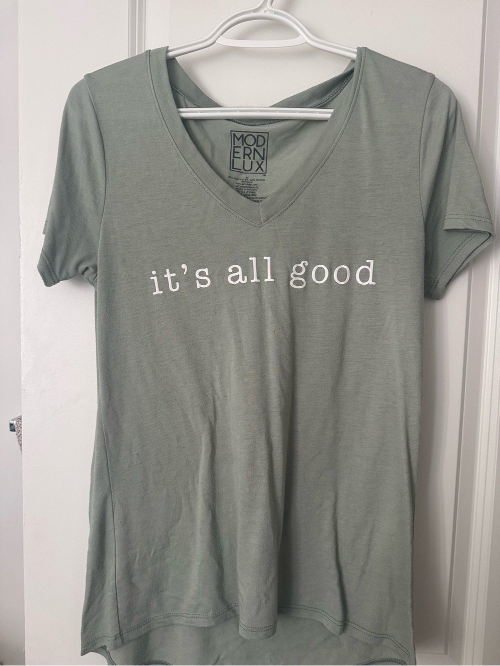 Modern Lux Sage Green V-Neck Tee with 'it's all good' Script
